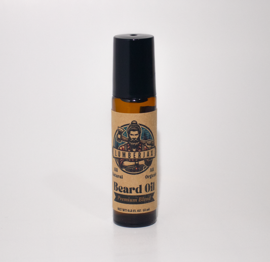 Organic LumberJax Beard Oil Travel Roller 0.5 oz (15 mL) for nourishing and promoting beard growth, easy to use on the go.